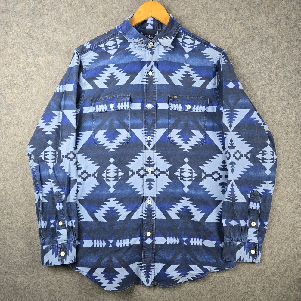 Polo Ralph Lauren Shirt Mens L Blue Indigo Southwestern Aztec Tribal Workwear